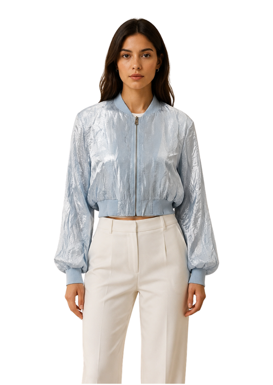 Ice Glow Shimmer Cropped Bomber Jacket