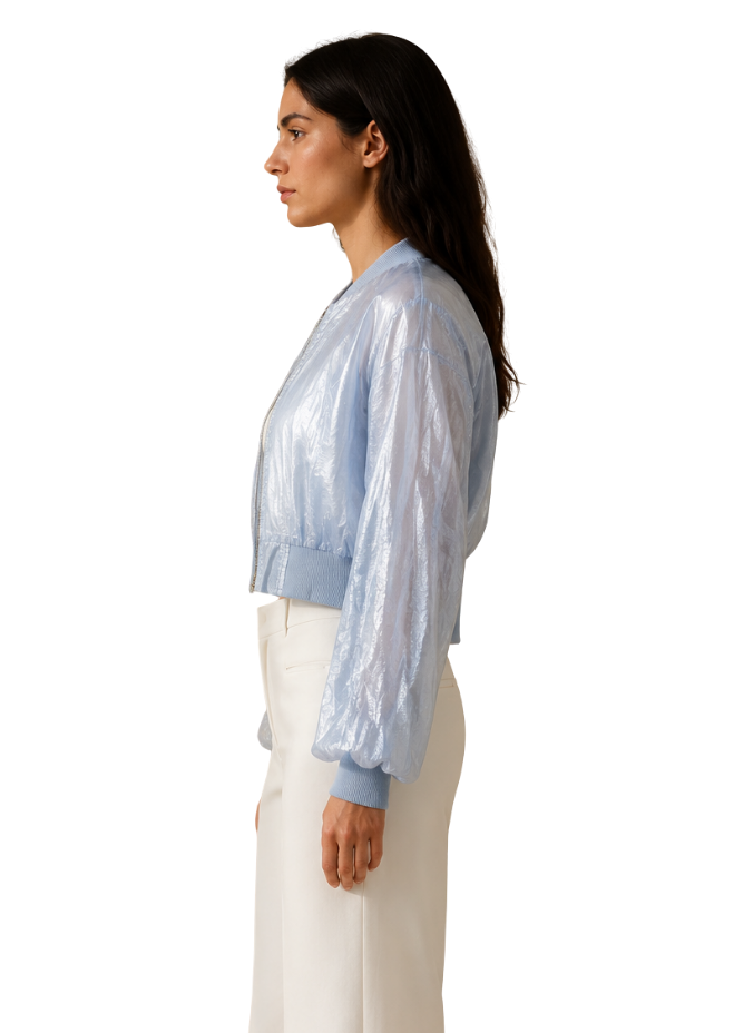 Ice Glow Shimmer Cropped Bomber Jacket