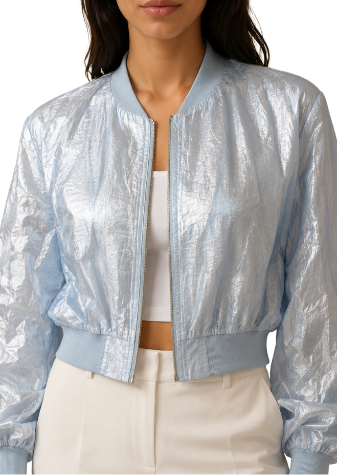 Ice Glow Shimmer Cropped Bomber Jacket