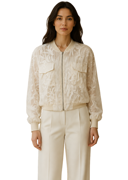 Ivory Bloom Embroidered Bomber Jacket