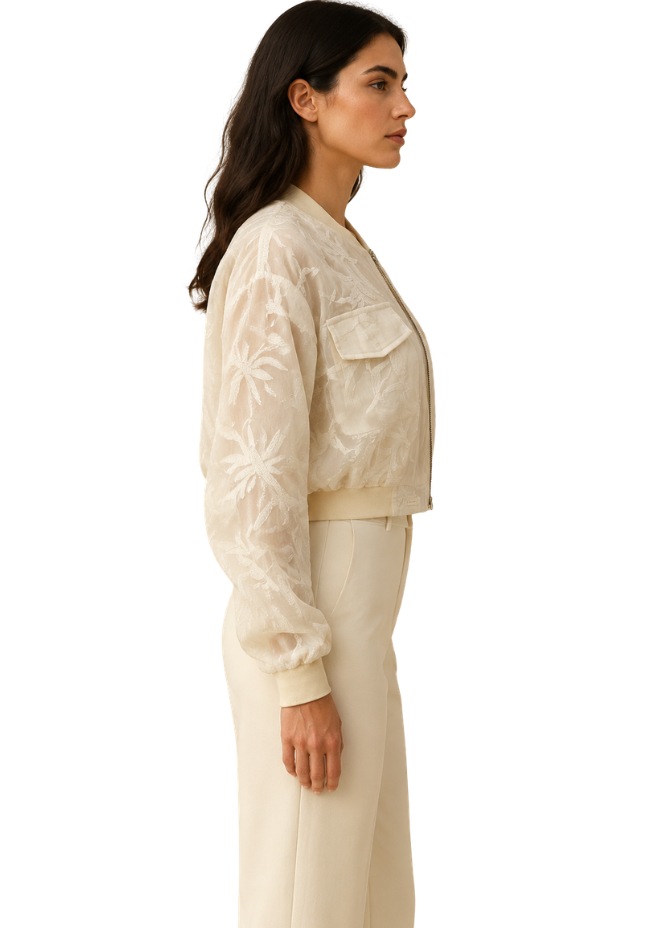 Ivory Bloom Embroidered Bomber Jacket