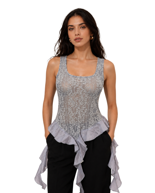 Party Wear Tops For Women-Lace Ruffle Hem Tank Top-Flirty Feathers