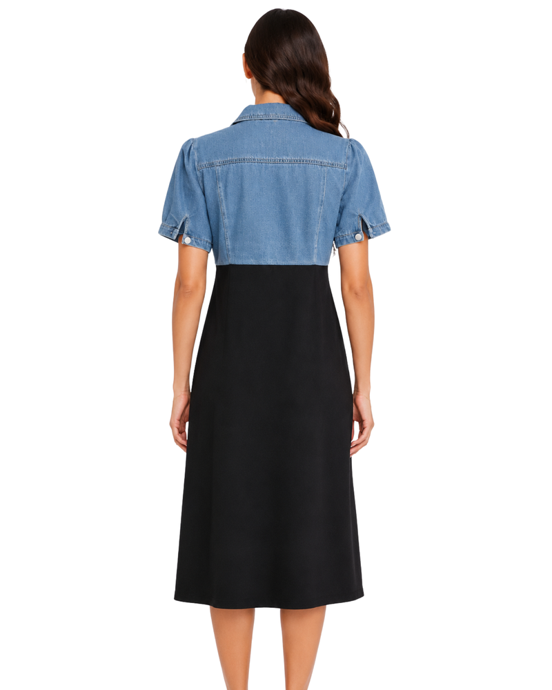 Denim Crop Jacket Layered Midi Dress