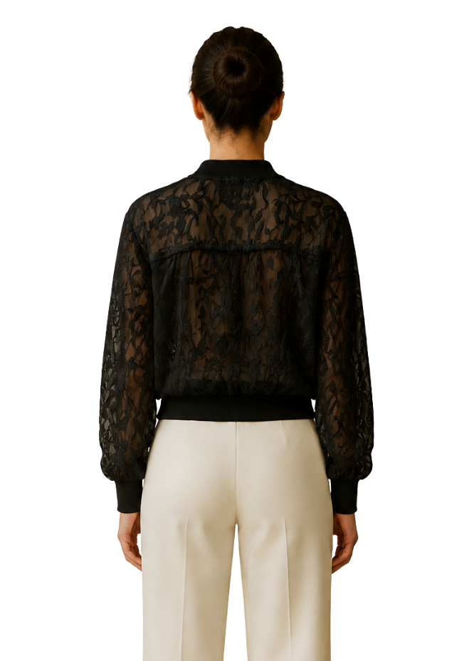 Midnight Bloom Sheer Embroidered Bomber Jacket
