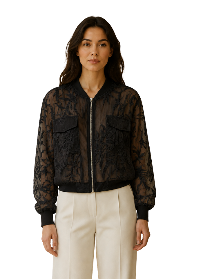 Midnight Bloom Sheer Embroidered Bomber Jacket