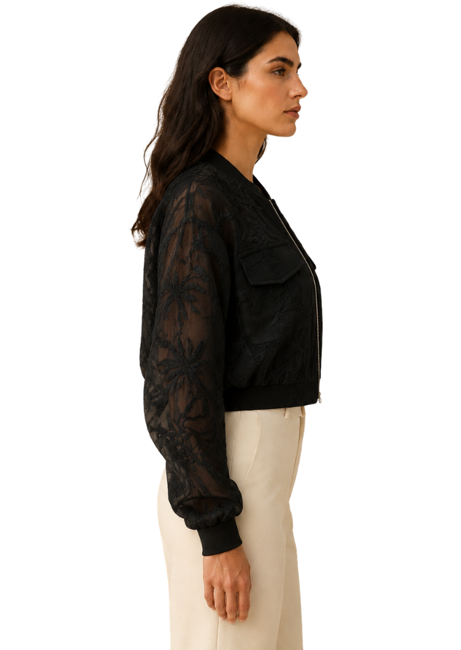 Midnight Bloom Sheer Embroidered Bomber Jacket