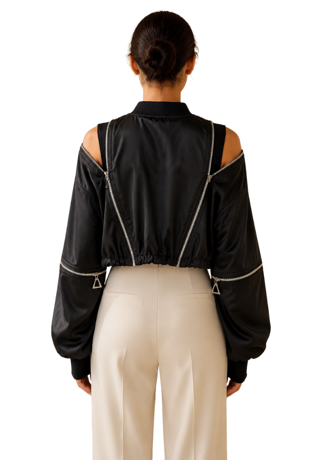 Midnight Rebel Cold-Shoulder Crop Jacket