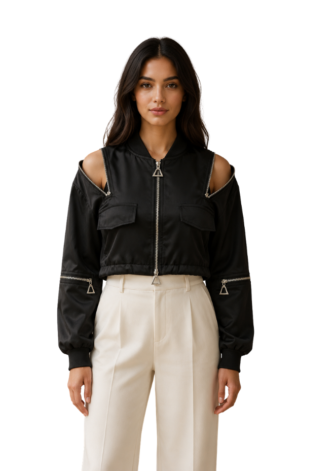 Midnight Rebel Cold-Shoulder Crop Jacket