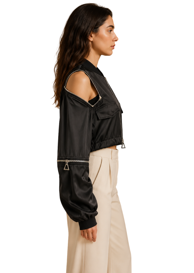 Midnight Rebel Cold-Shoulder Crop Jacket