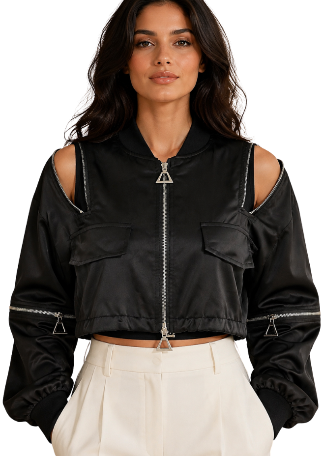 Midnight Rebel Cold-Shoulder Crop Jacket