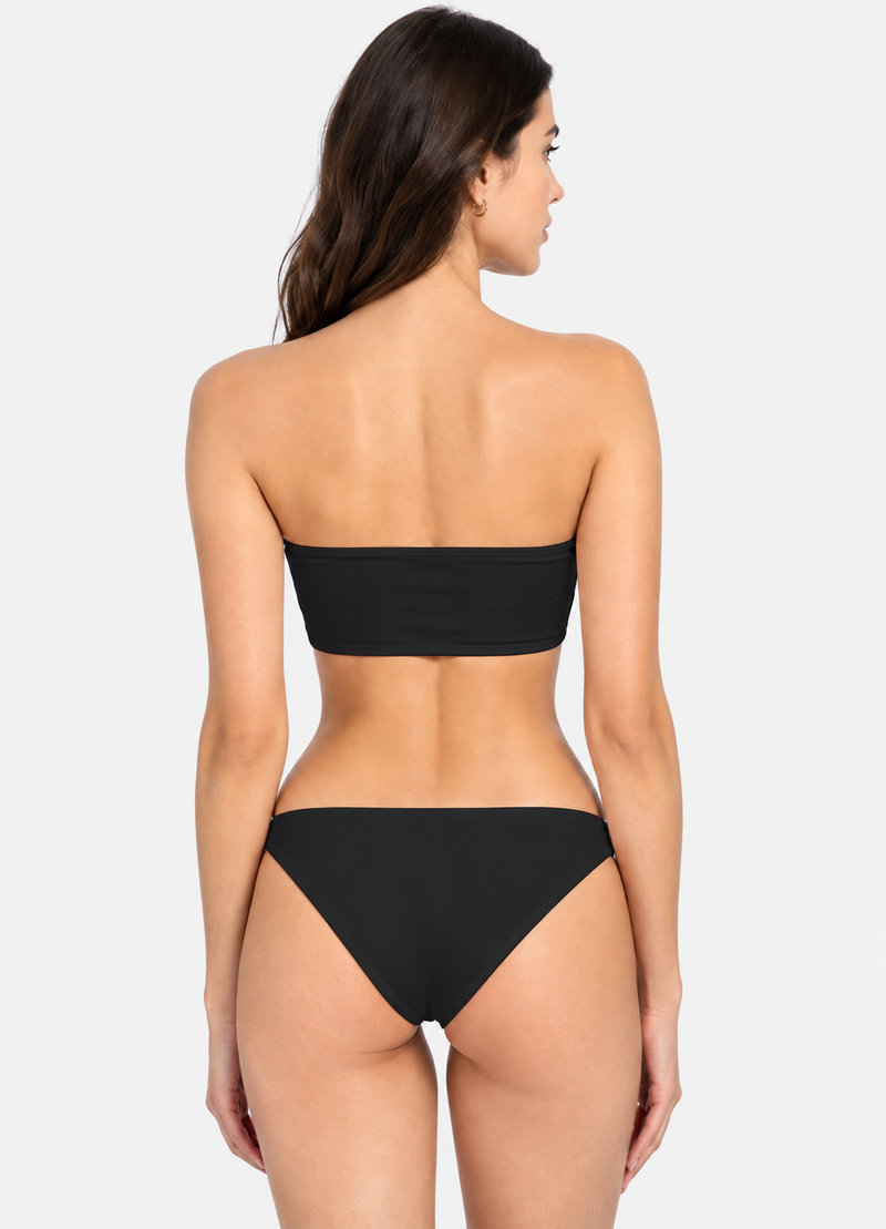 Women Black Bandeau Bikini Set with Lace-Up Detail & Maxi Sarong