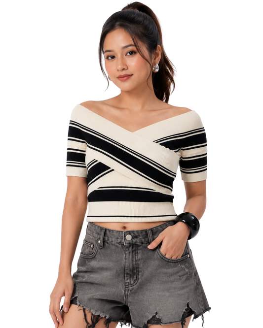 Party Wear Tops For Women-Monochrome Cross-Stripe Off-Shoulder Top-Flirty Feathers