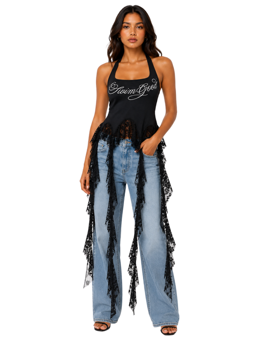 Party Wear Tops For Women-Noir Whisper Lace Top-Flirty Feathers