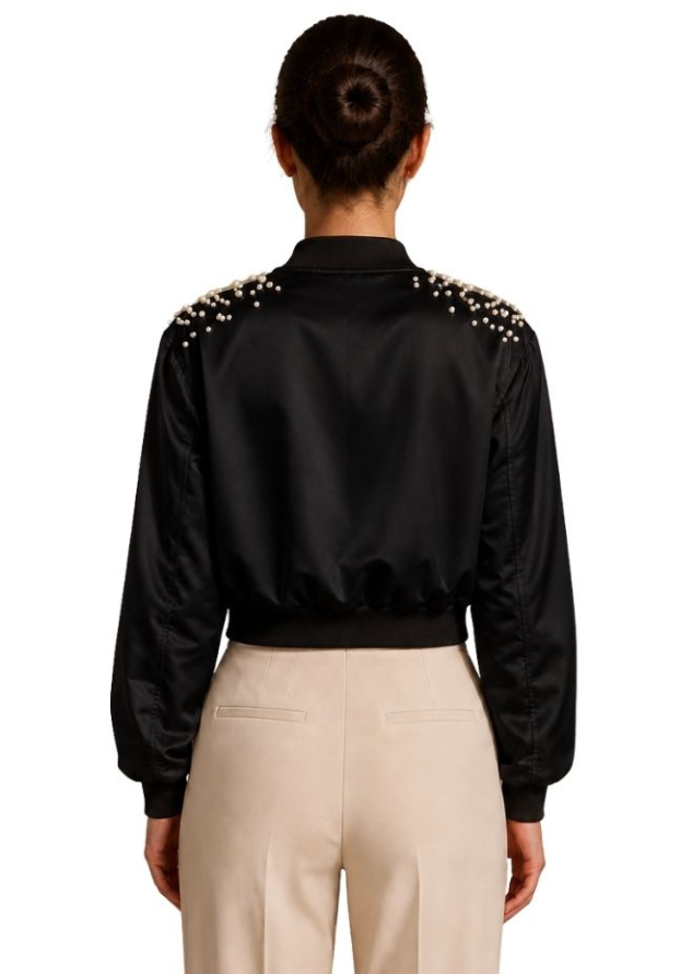Pearl Glow Black Bomber Jacket