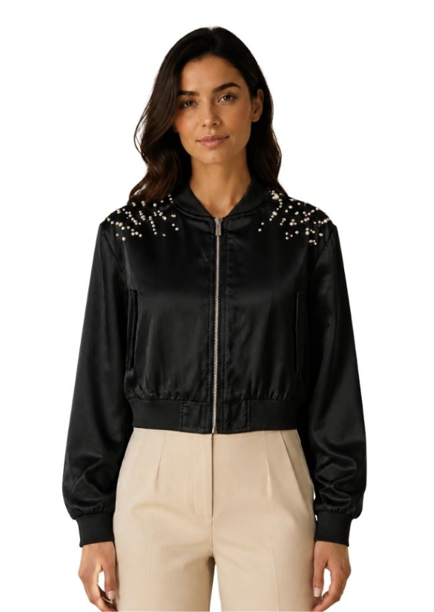 Pearl Glow Black Bomber Jacket