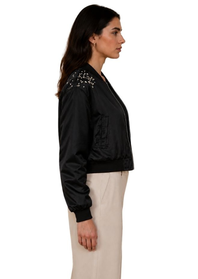 Pearl Glow Black Bomber Jacket
