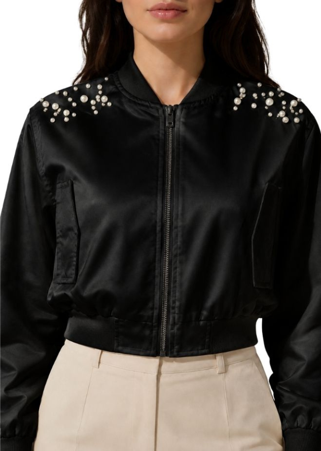 Pearl Glow Black Bomber Jacket