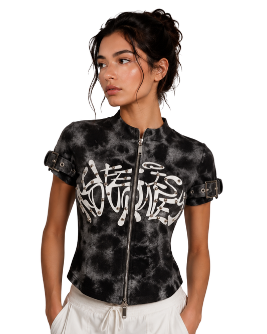 Party Wear Tops For Women-The Journey Studded Zip Crop Top-Flirty Feathers