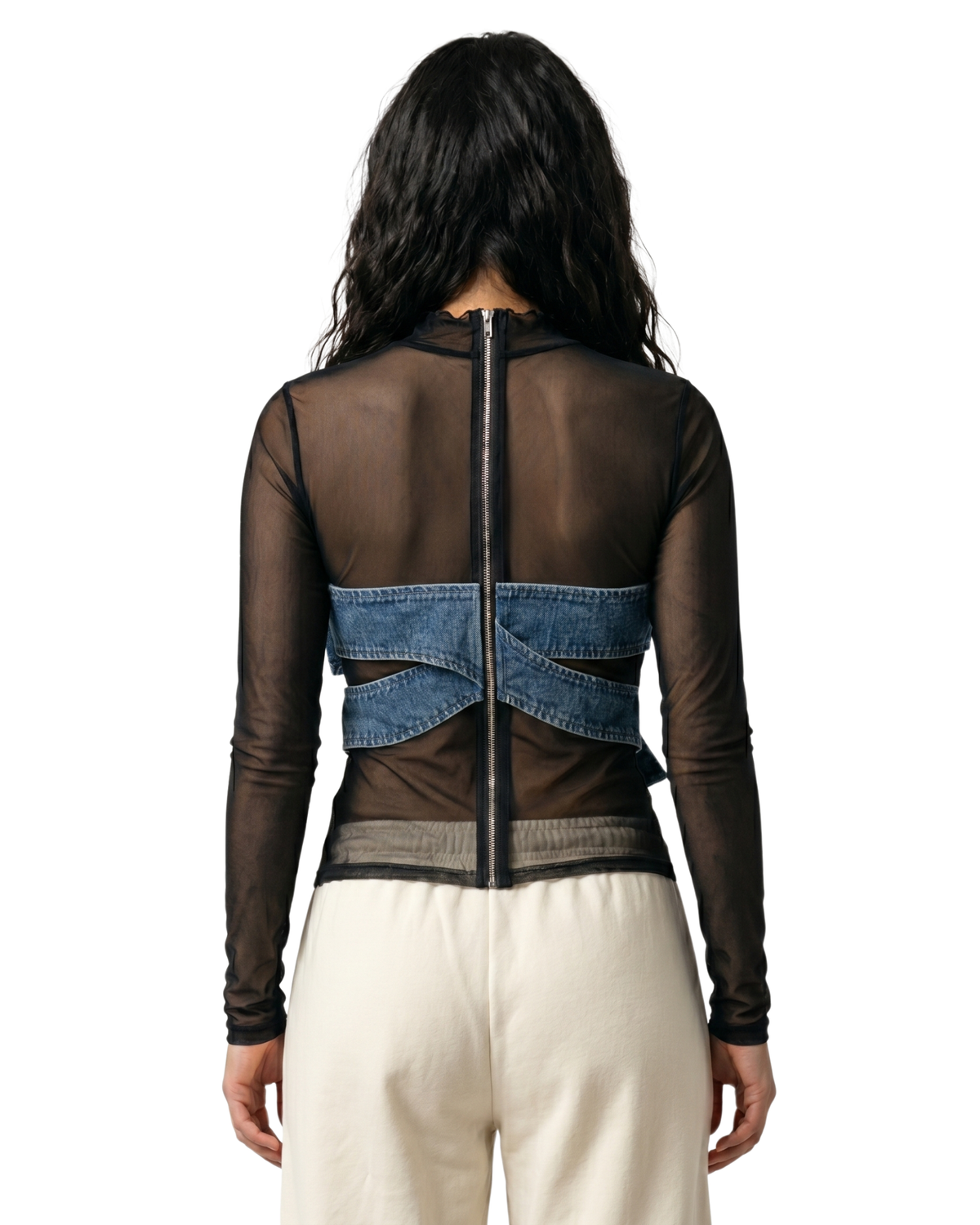 Denim Bow Sheer Mesh Top
