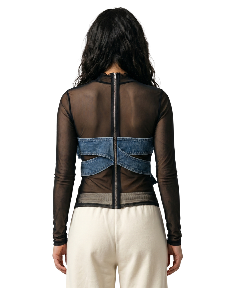 Party Wear Tops For Women-Denim Bow Sheer Mesh Top-Flirty Feathers