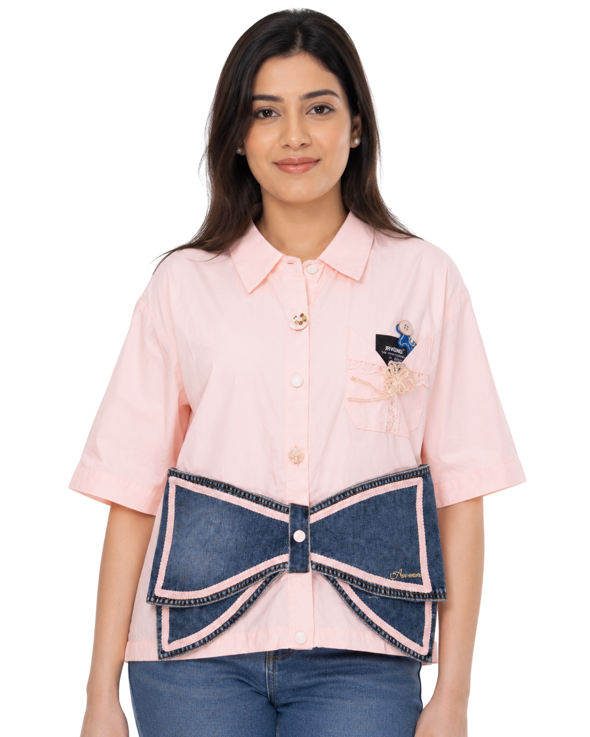 Luxe Bow Denim Accent Shirt