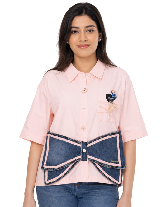Luxe Bow Denim Accent Shirt