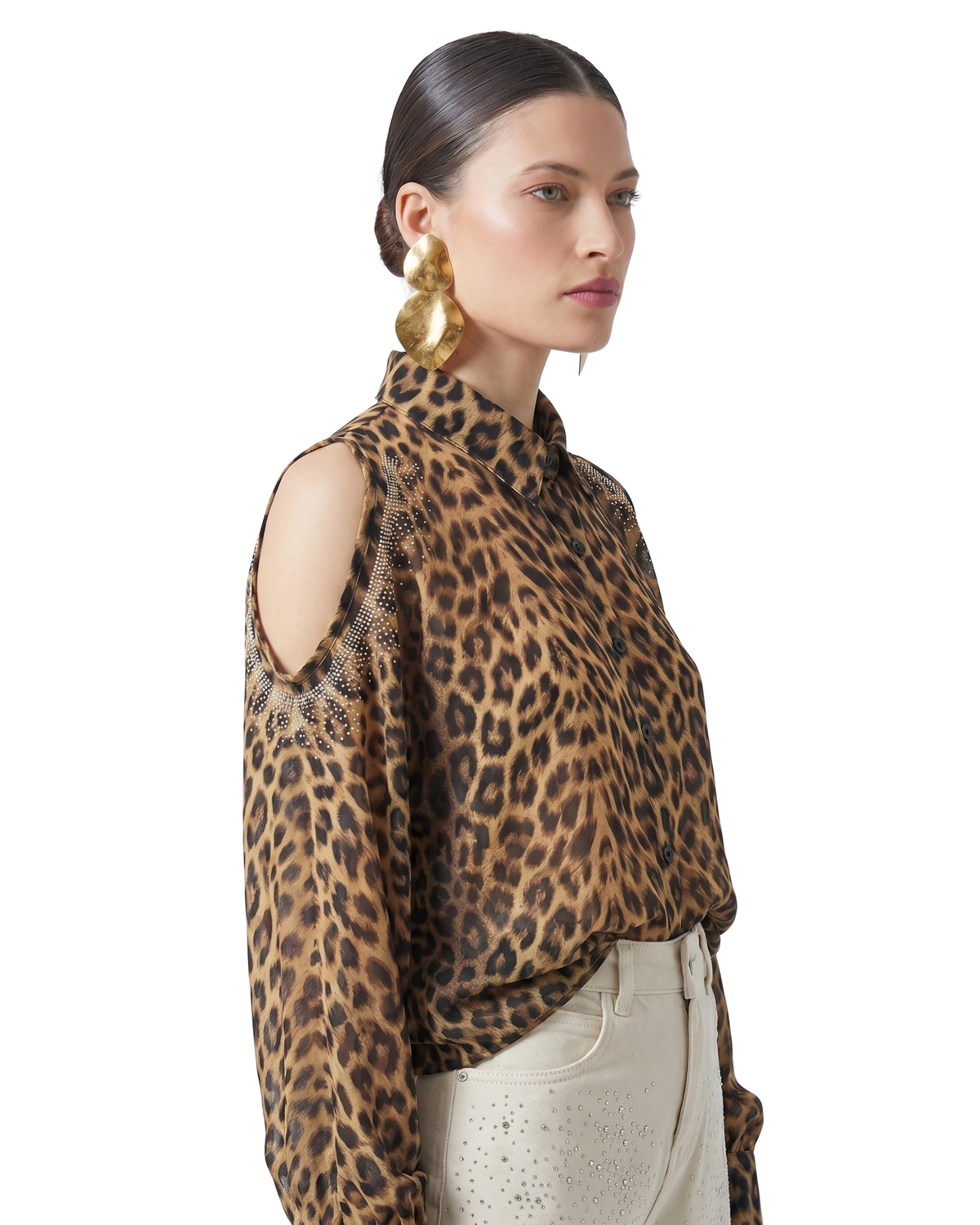 Ziva Wildstone Cut-Shoulder Embellished Shirt