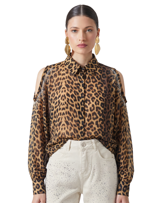 Ziva Wildstone Cut-Shoulder Embellished Shirt
