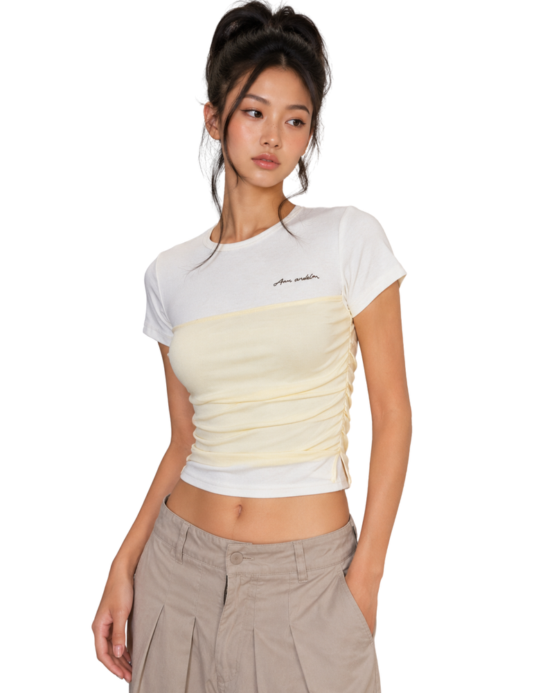 Party Wear Tops For Women-Two Tone Ruched Crop Tee-Flirty Feathers