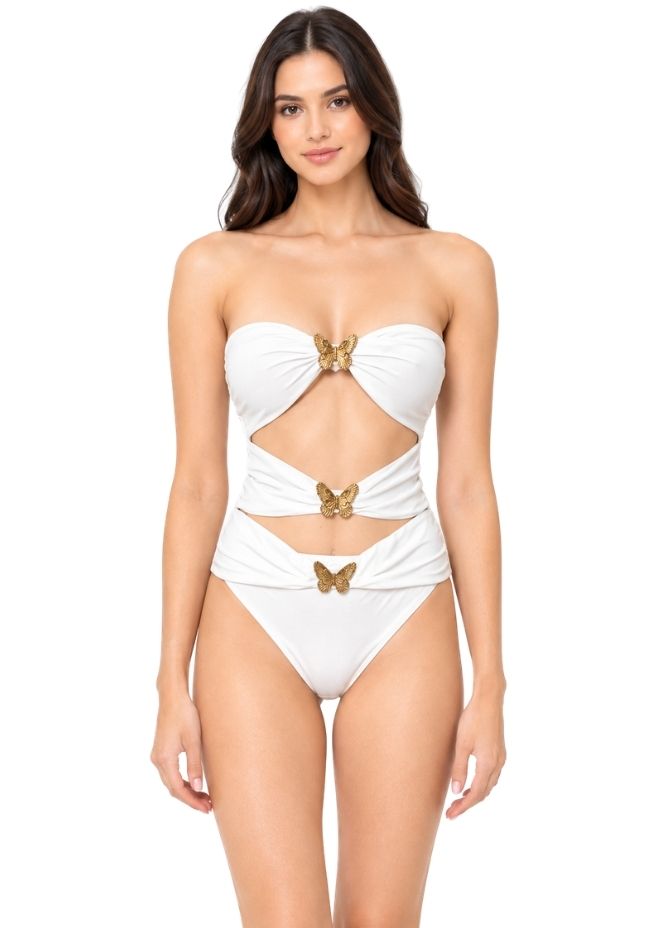 White Cut-Out Mini Resortwear with Gold Butterfly Embellishments For Women