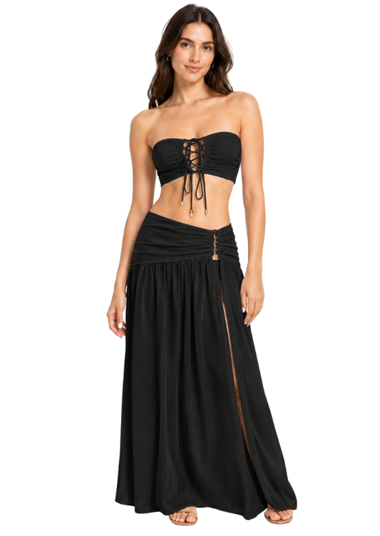 Women Black Bandeau Bikini Set with Lace-Up Detail & Maxi Sarong