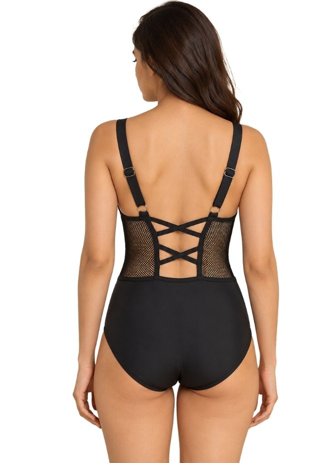Women Black Mesh Panelled One-Piece Swimsuit with Ring Detail