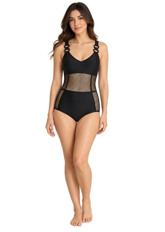 Women Black Mesh Panelled One-Piece Swimsuit with Ring Detail