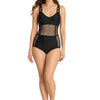 Women Black Mesh Panelled One-Piece Swimsuit with Ring Detail