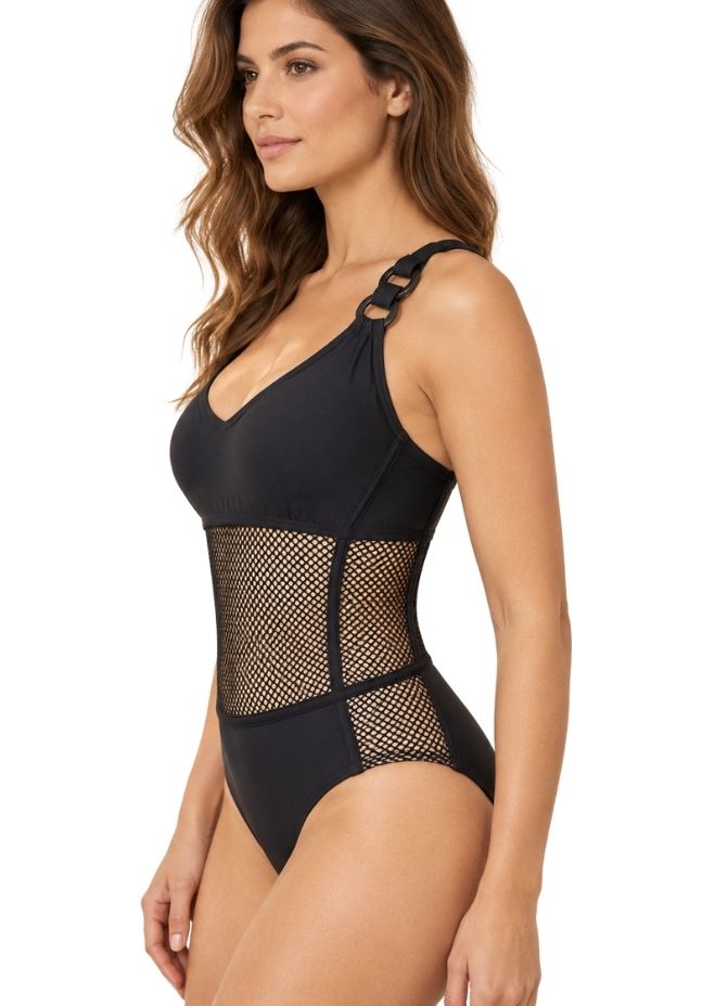 Women Black Mesh Panelled One-Piece Swimsuit with Ring Detail