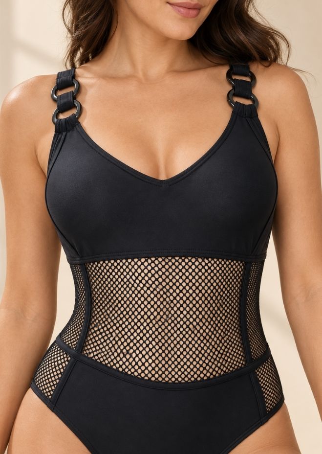 Women Black Mesh Panelled One-Piece Swimsuit with Ring Detail