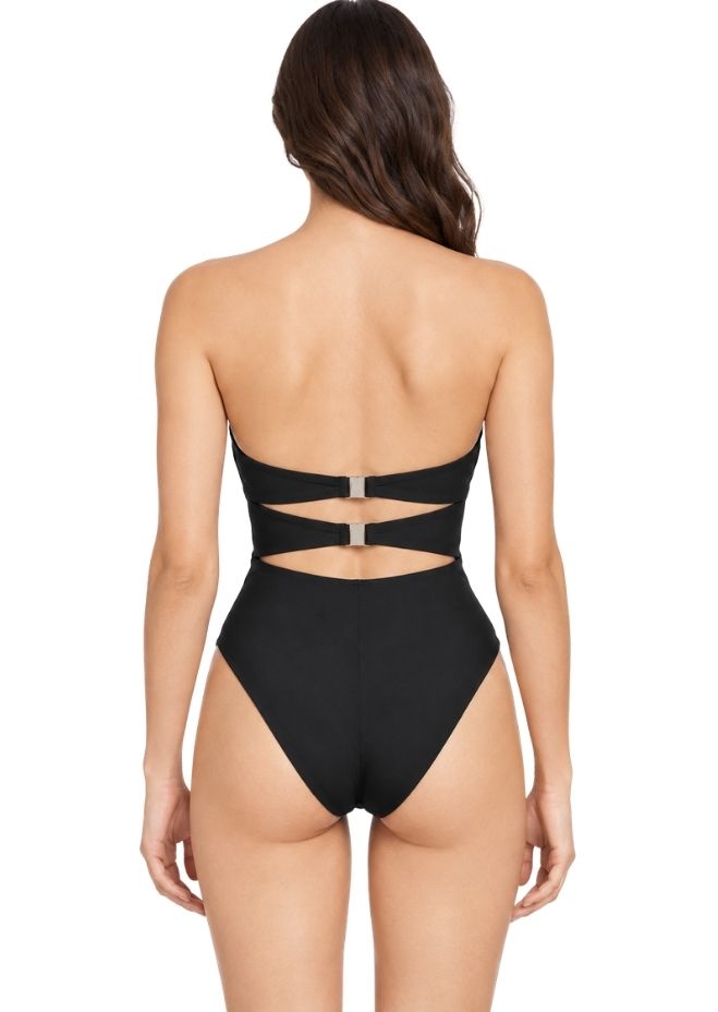 Women Black Strapless Cut-Out Monokini with Floral Appliqué