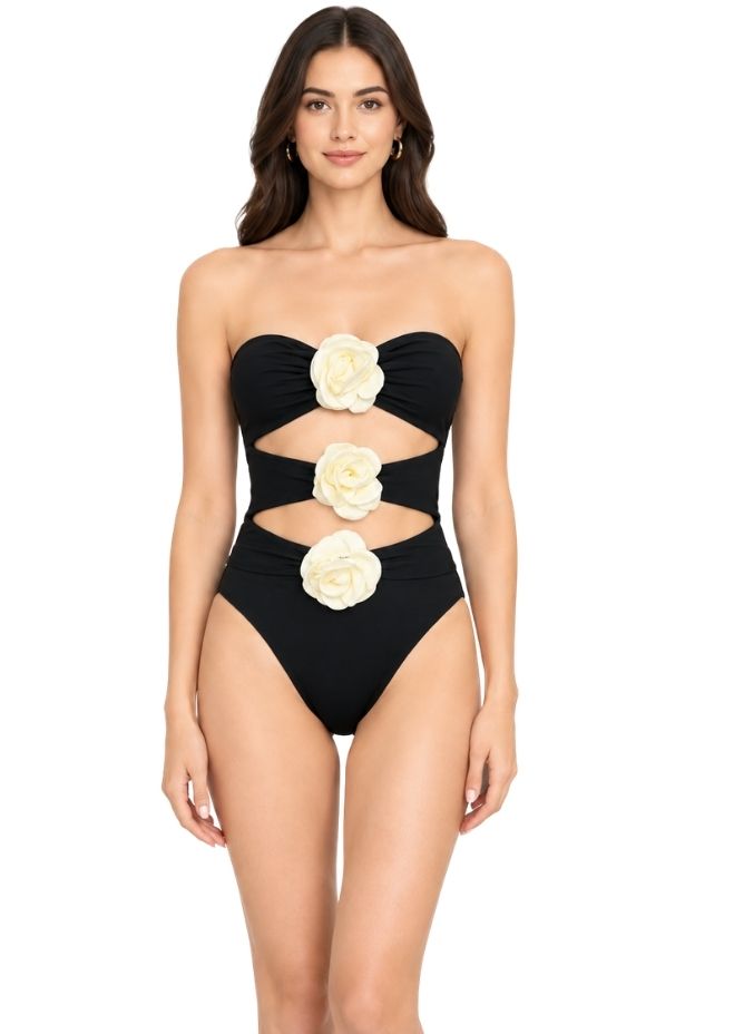 Women Black Strapless Cut-Out Monokini with Floral Appliqué