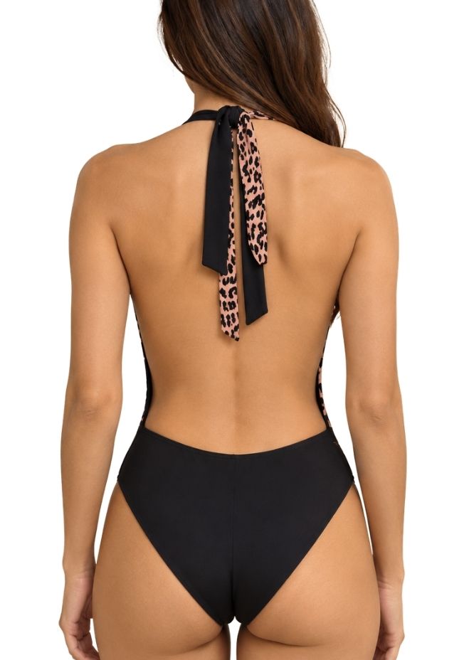 Women Black & Brown Leopard Print Colour blocked Halter Neck One-Piece Swimsuit