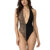 Women Black & Brown Leopard Print Colour blocked Halter Neck One-Piece Swimsuit