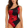Women Black & Red Floral Print One-Shoulder Swimsuit with Sheer Sarong