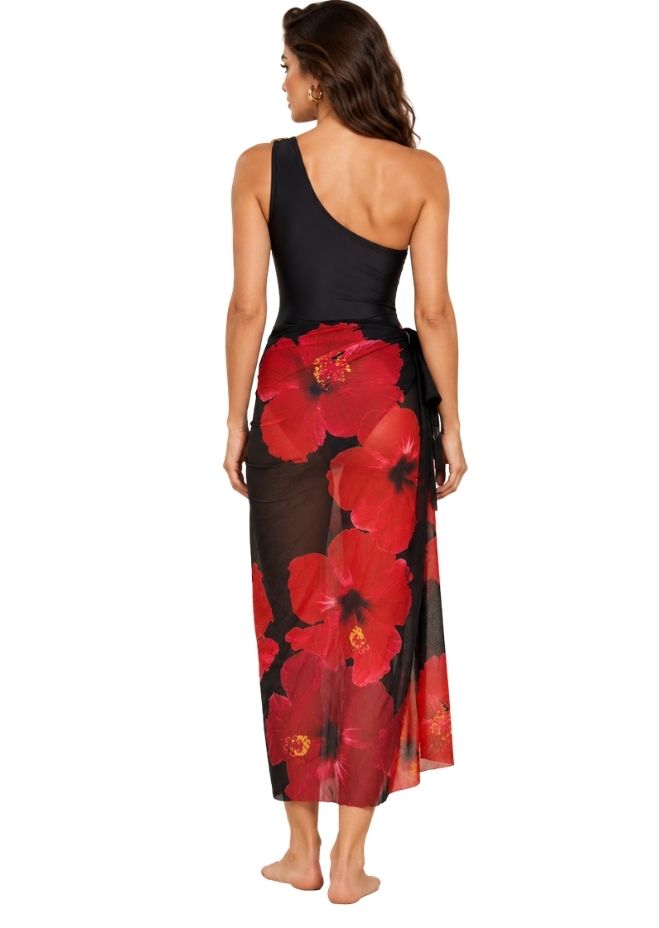 Women Black & Red Floral Print One-Shoulder Swimsuit with Sheer Sarong