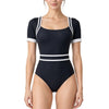 Women Black & White Contrast Trim Short Sleeve One-Piece Swimsuit
