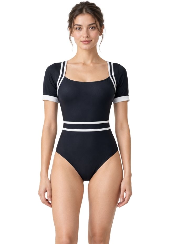 Women Black & White Contrast Trim Short Sleeve One-Piece Swimsuit