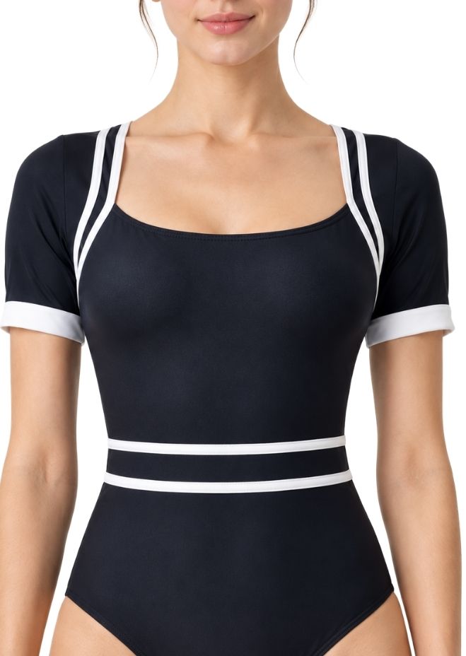 Women Black & White Contrast Trim Short Sleeve One-Piece Swimsuit