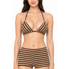 Women Brown & Beige Striped Bikini Set with Boyshorts