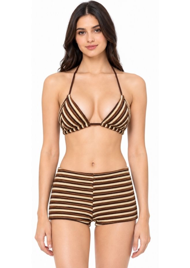 Women Brown & Beige Striped Bikini Set with Boyshorts
