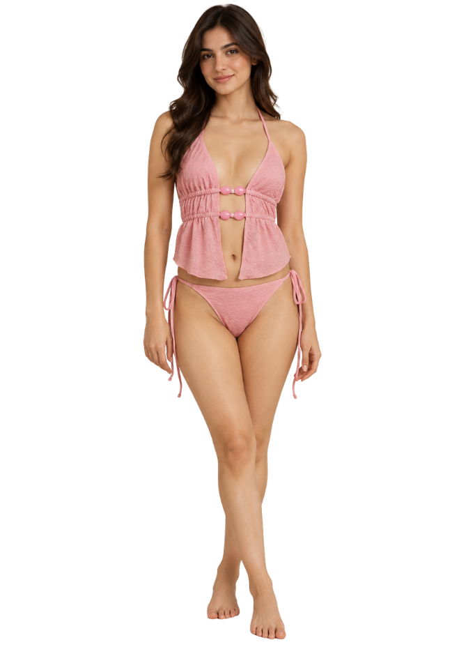 Women Dusty Pink Textured Halter Neck Tankini Set with Beaded Detail