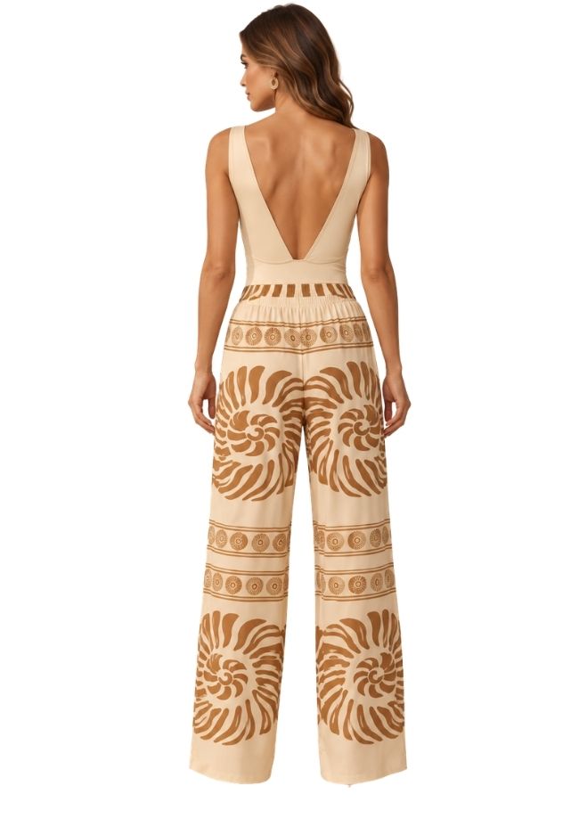 Women Ivory 2-Piece Swimwear Set with Ruched One-Piece Swimsuit & Printed Jumpsuit Cover-Up Resortwear