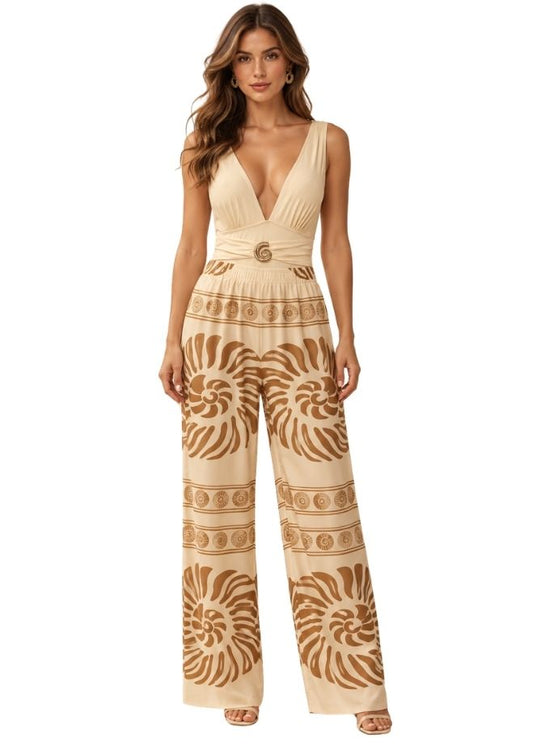 Women Ivory 2-Piece Swimwear Set with Ruched One-Piece Swimsuit & Printed Jumpsuit Cover-Up Resortwear
